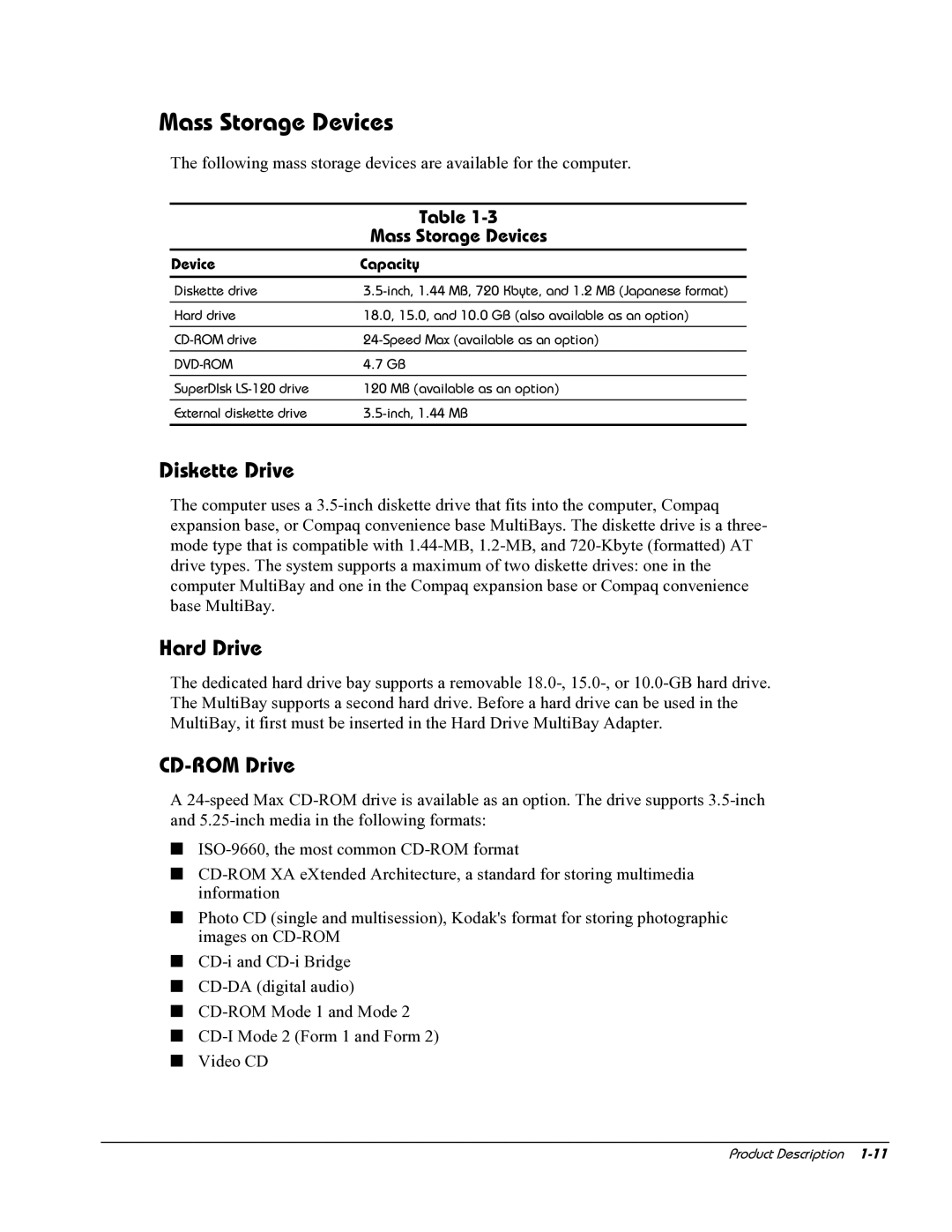 HP E700 manual Mass Storage Devices, Diskette Drive, Hard Drive, CD-ROM Drive 