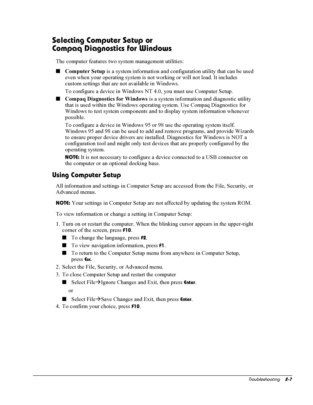 HP E700 manual Selecting Computer Setup or Compaq Diagnostics for Windows, Using Computer Setup 