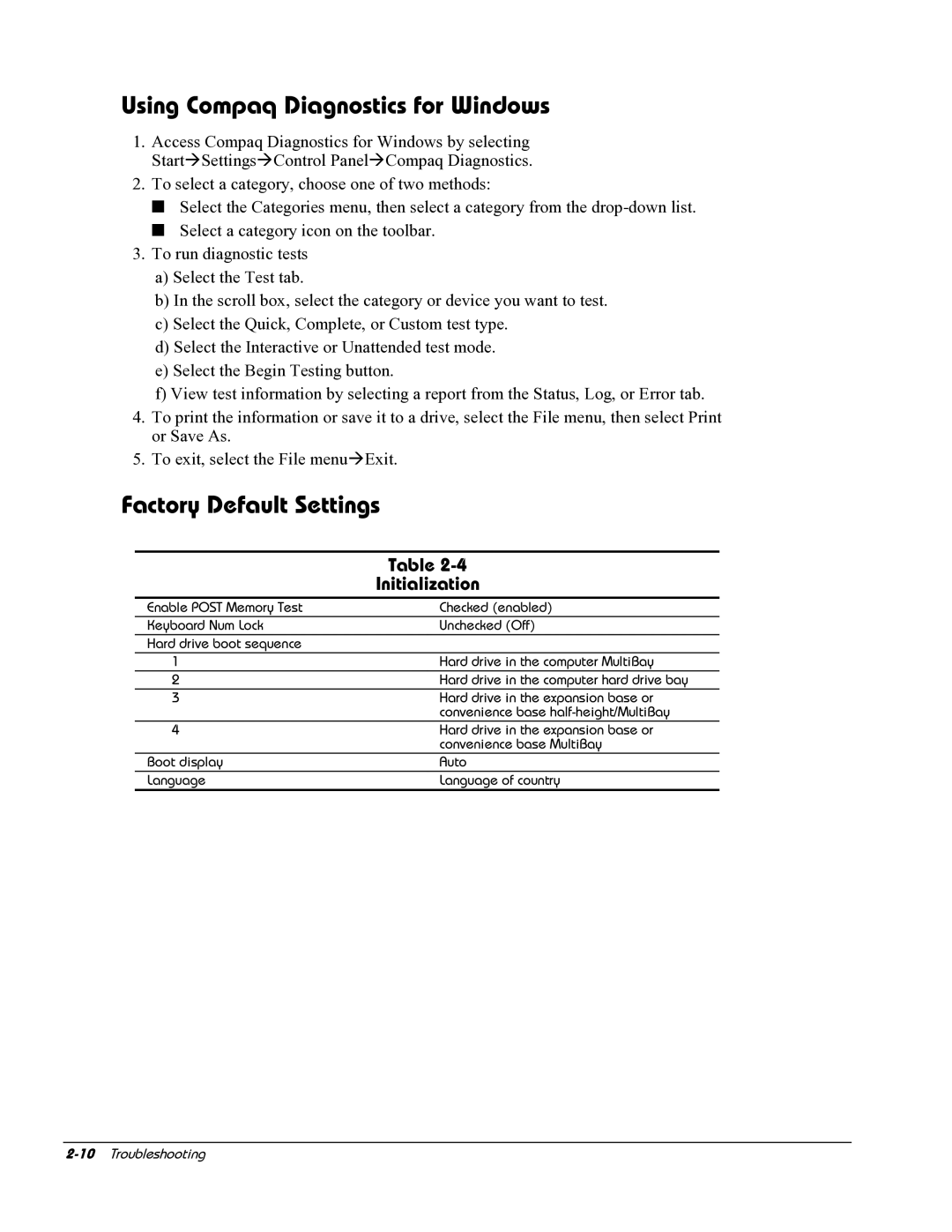 HP E700 manual Using Compaq Diagnostics for Windows, Factory Default Settings, Initialization 