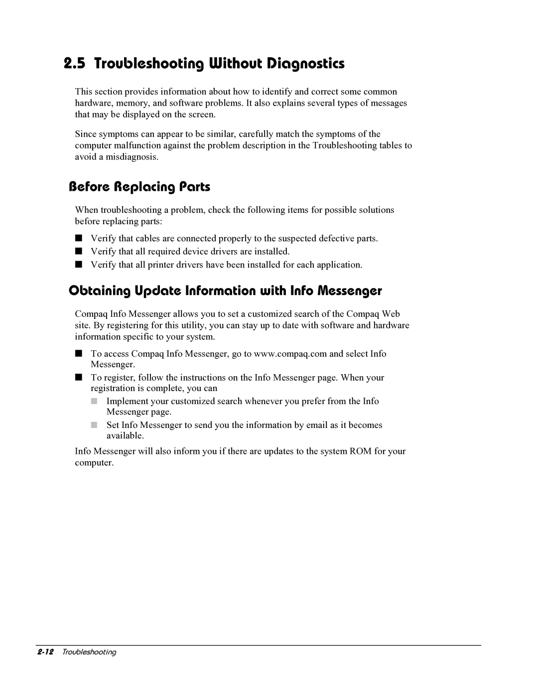 HP E700 Troubleshooting Without Diagnostics, Before Replacing Parts, Obtaining Update Information with Info Messenger 