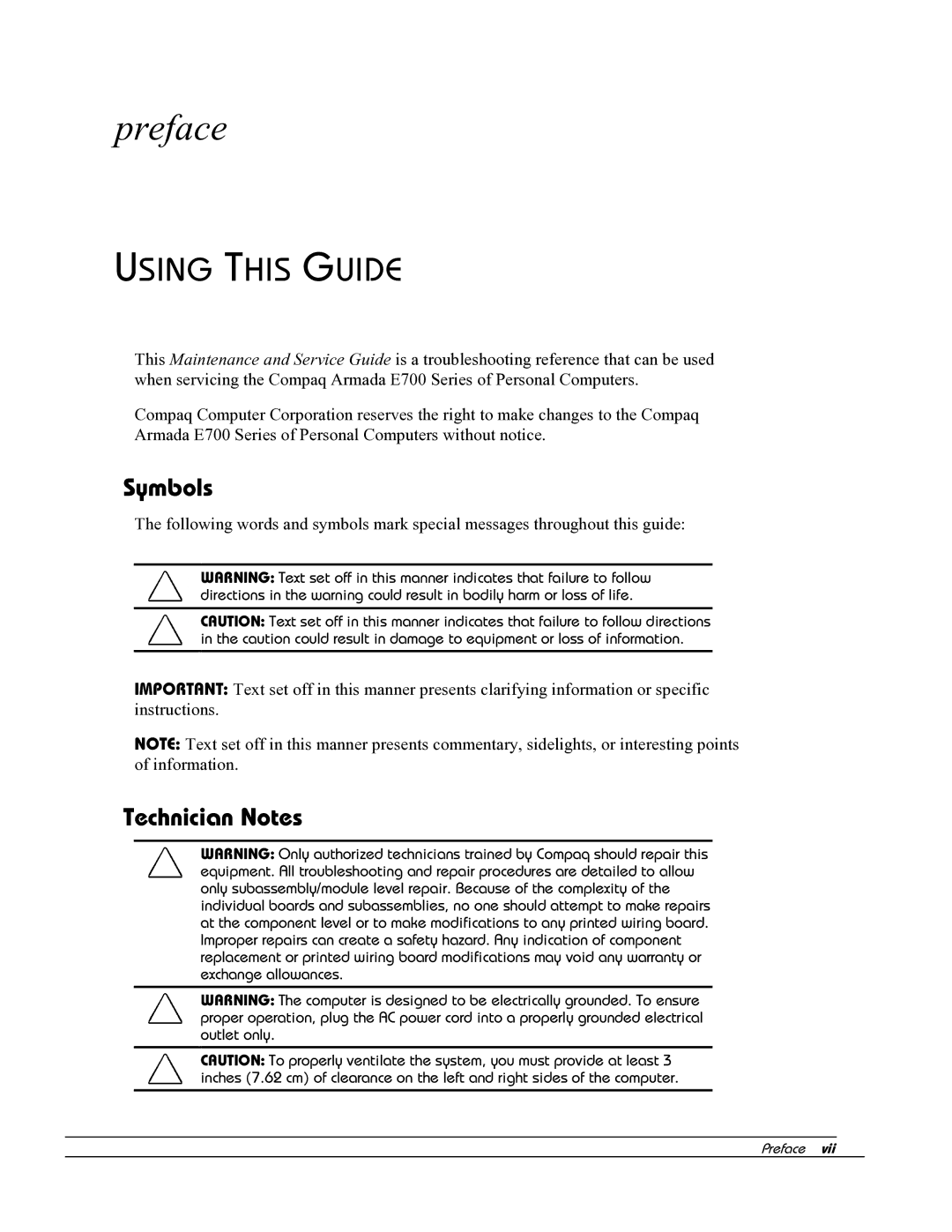 HP E700 manual Symbols, Technician Notes 