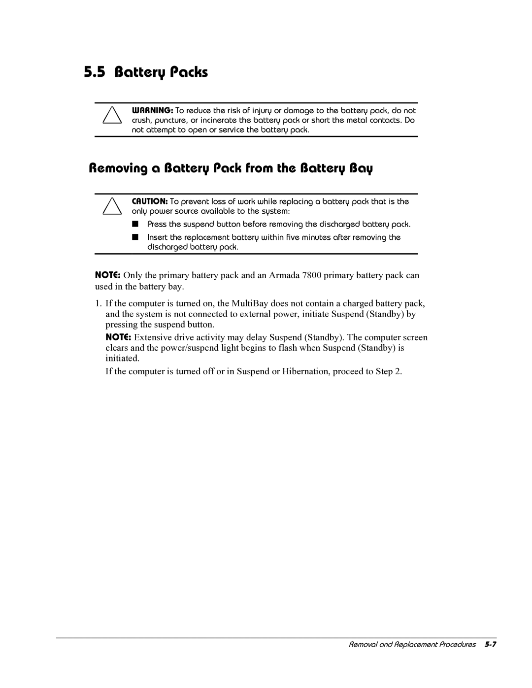 HP E700 manual Battery Packs, Removing a Battery Pack from the Battery Bay 