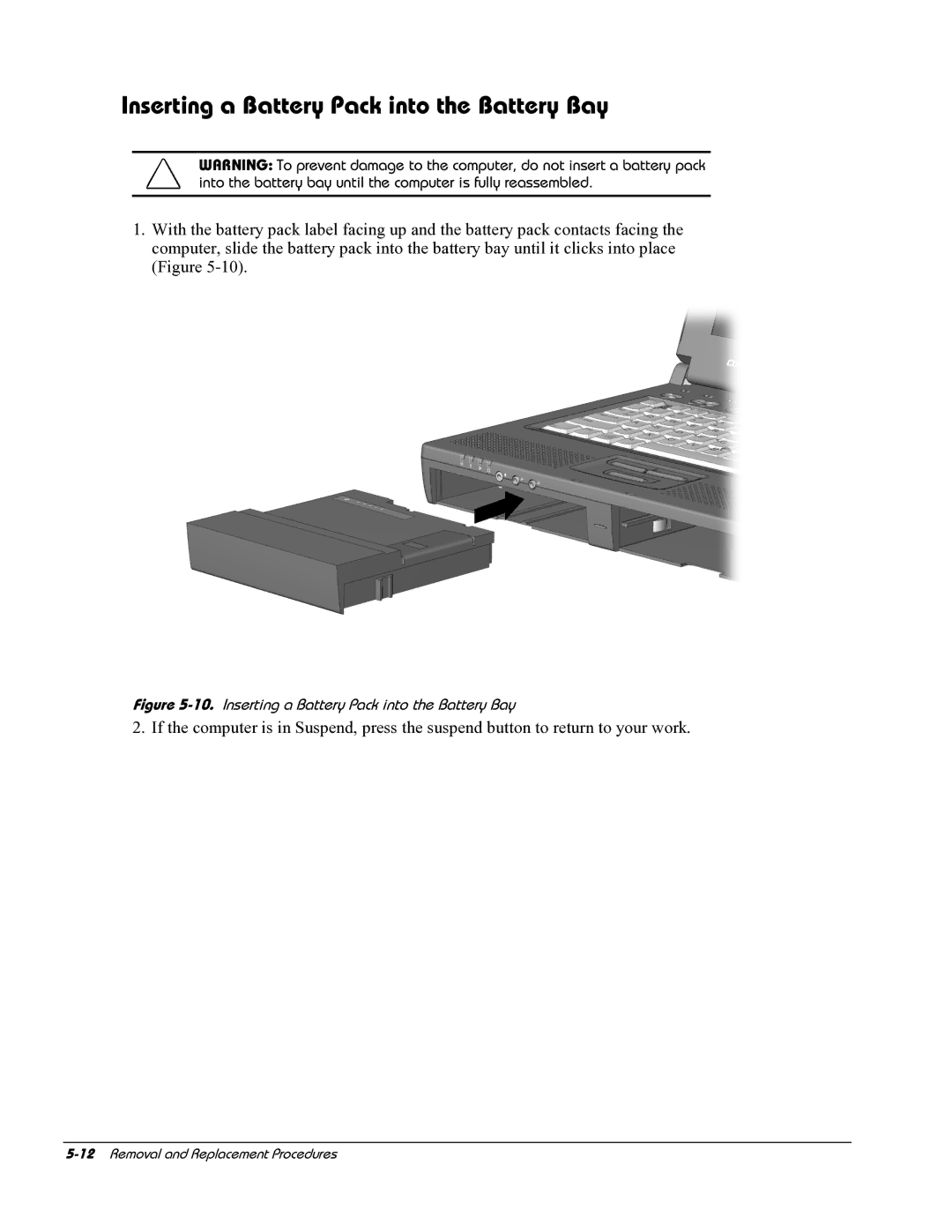 HP E700 manual Inserting a Battery Pack into the Battery Bay 