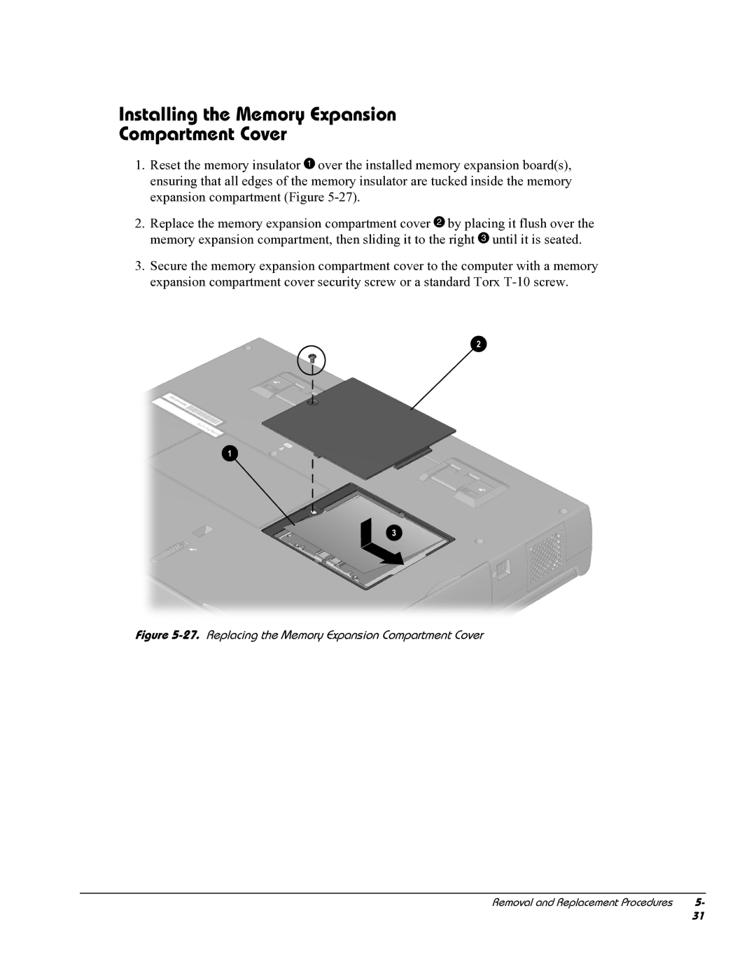 HP E700 manual Installing the Memory Expansion Compartment Cover, Replacing the Memory Expansion Compartment Cover 