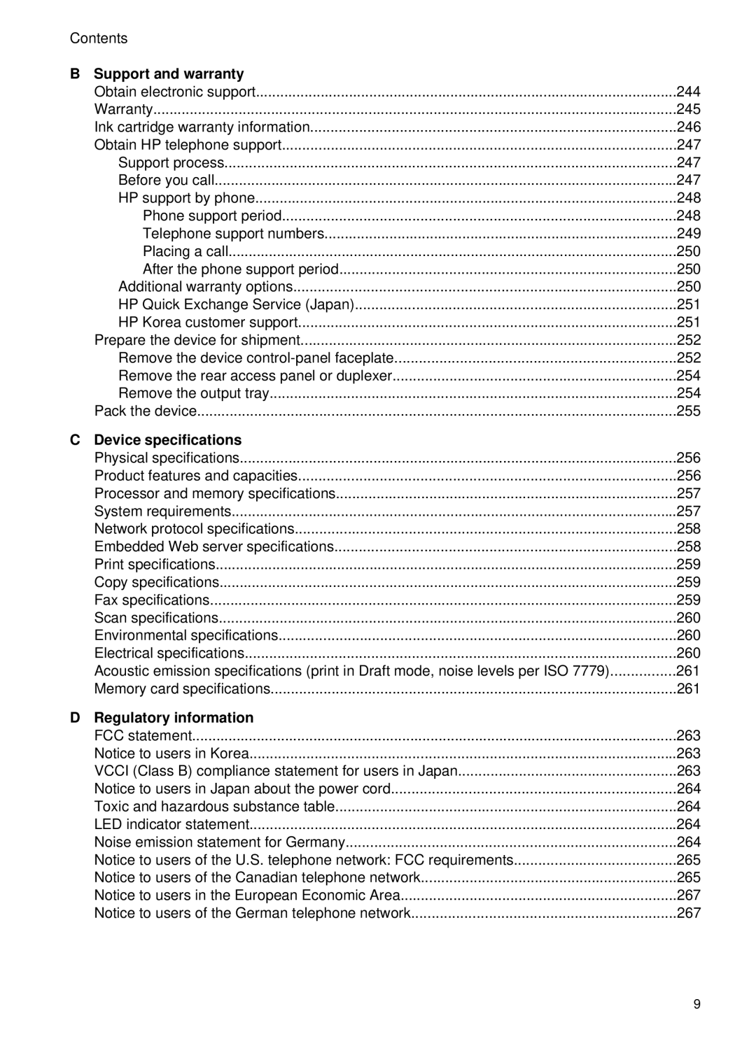 HP 6500, E709 manual Support and warranty, Device specifications, Regulatory information 