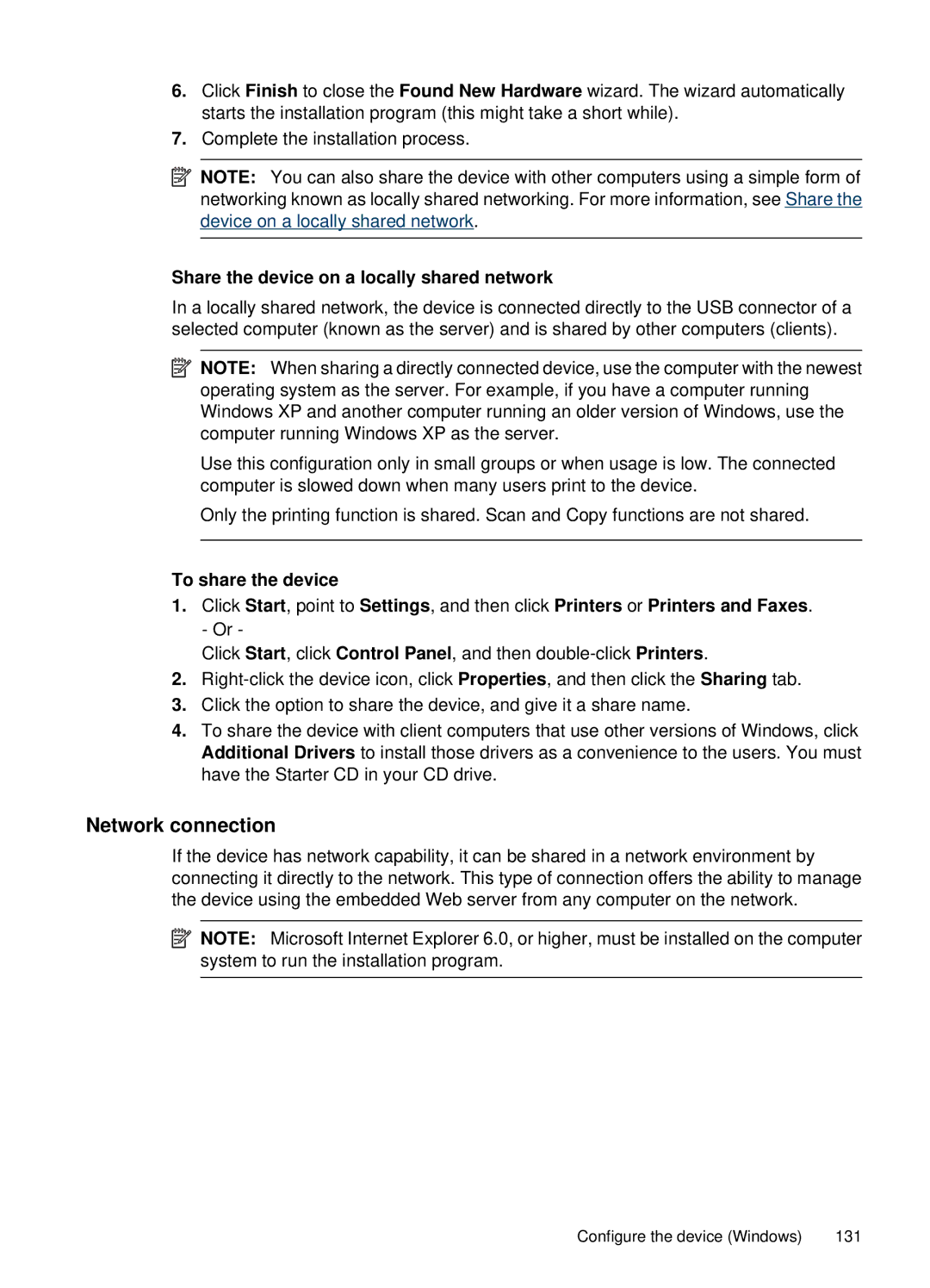 HP 6500, E709 manual Network connection, Share the device on a locally shared network 