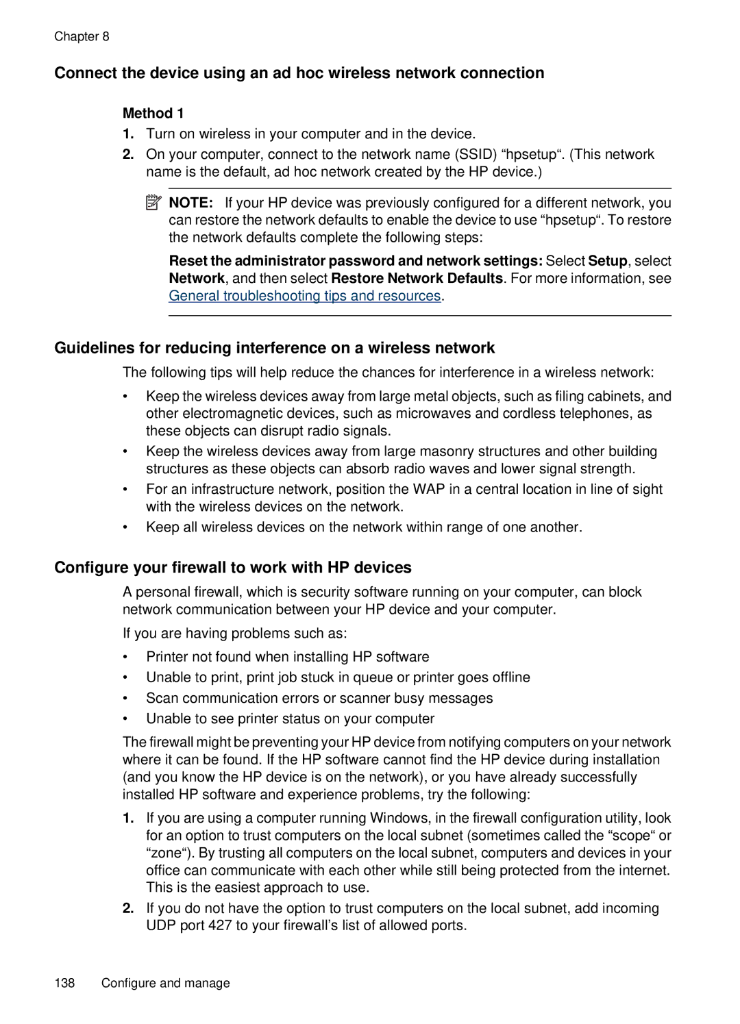 HP E709, 6500 Guidelines for reducing interference on a wireless network, Configure your firewall to work with HP devices 