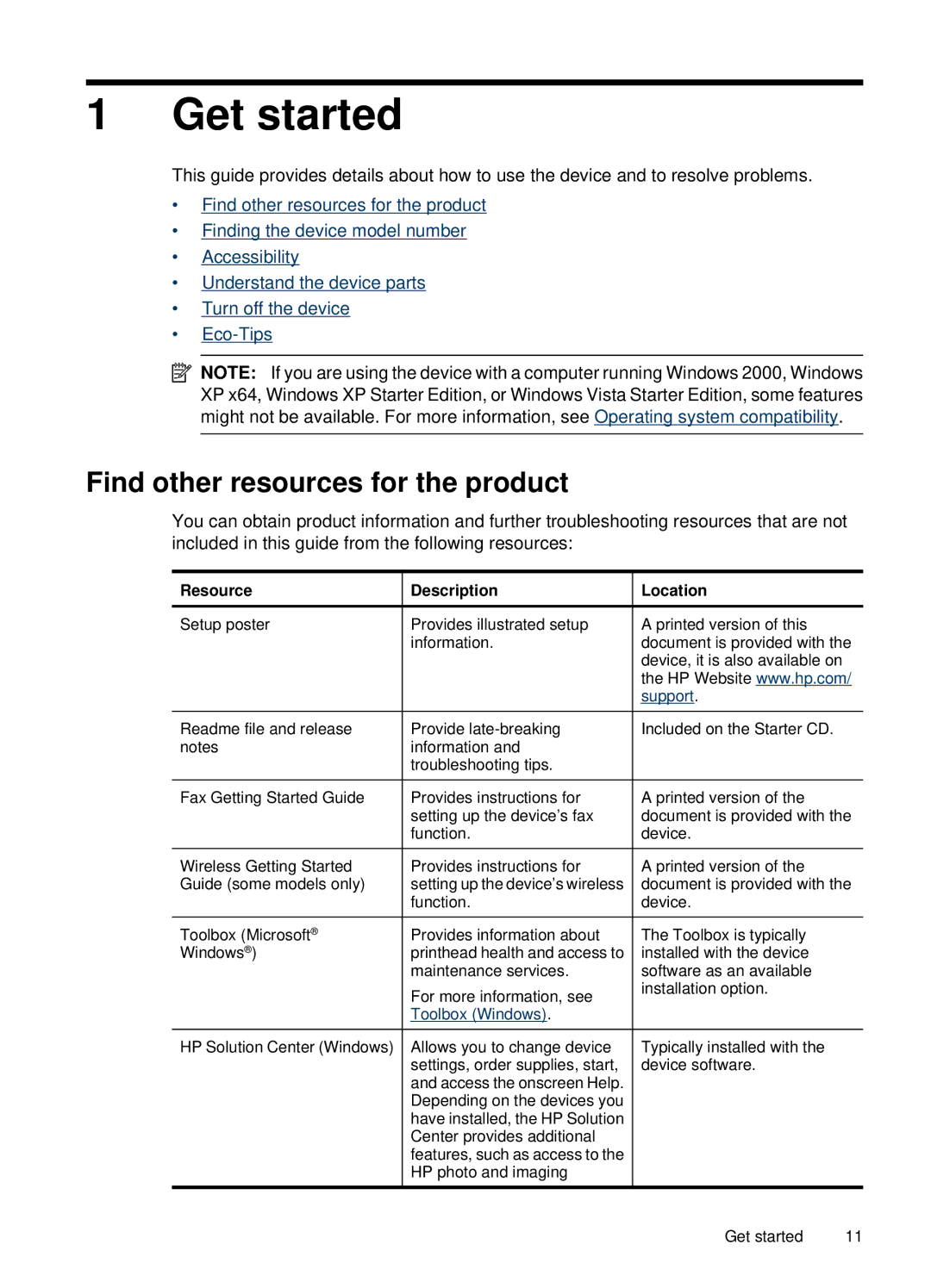 HP 6500, E709 manual Find other resources for the product, Resource, Description, Location 