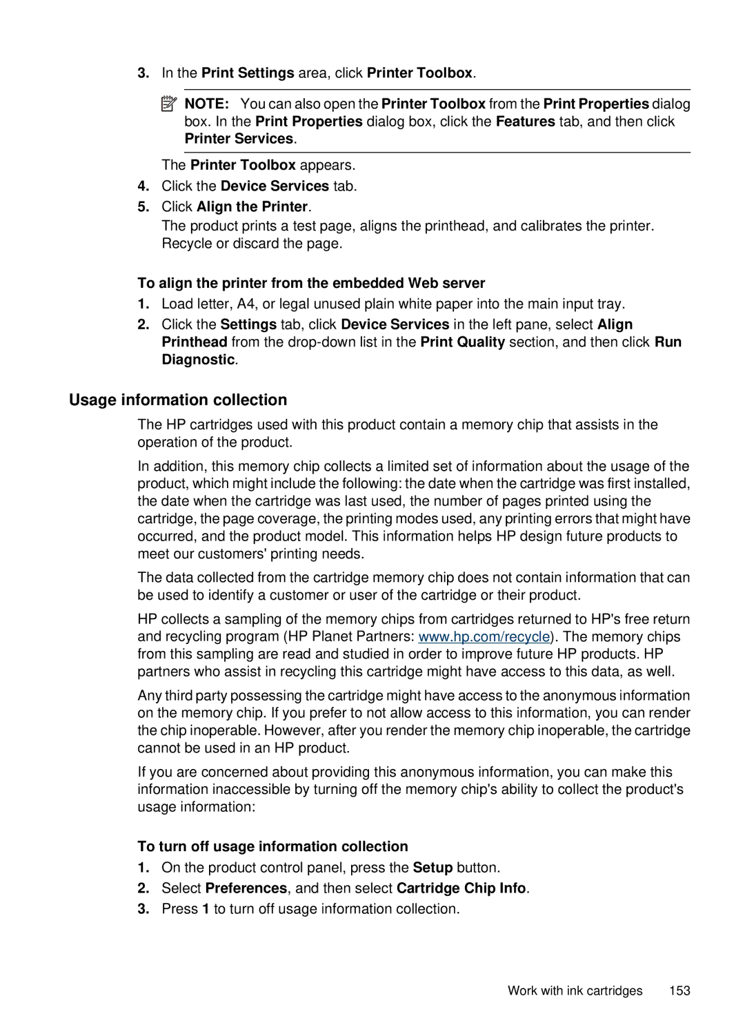 HP 6500, E709 manual Usage information collection, To align the printer from the embedded Web server 