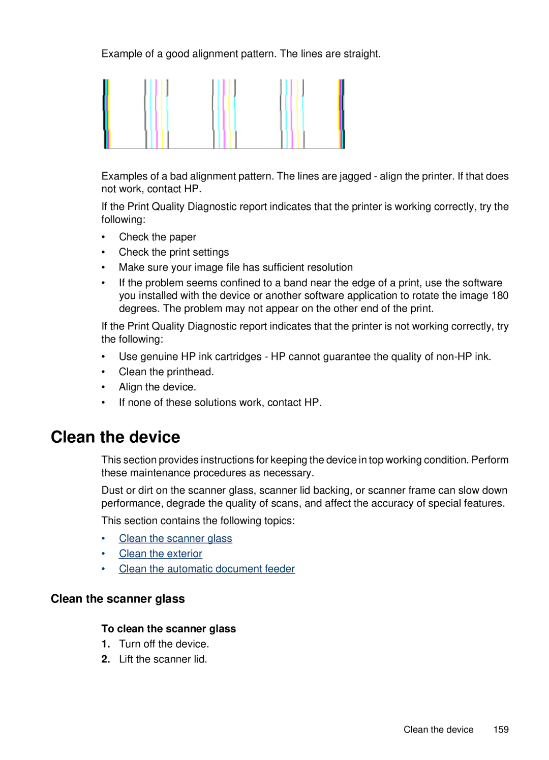 HP 6500, E709 manual Clean the device, Clean the scanner glass, To clean the scanner glass 