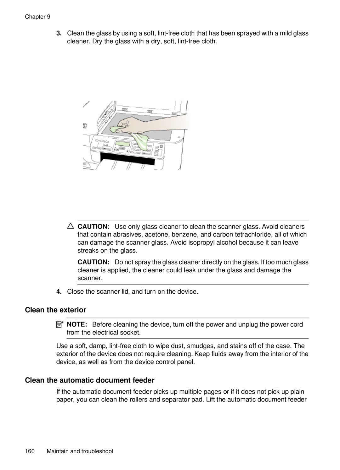 HP E709, 6500 manual Clean the exterior, Clean the automatic document feeder 