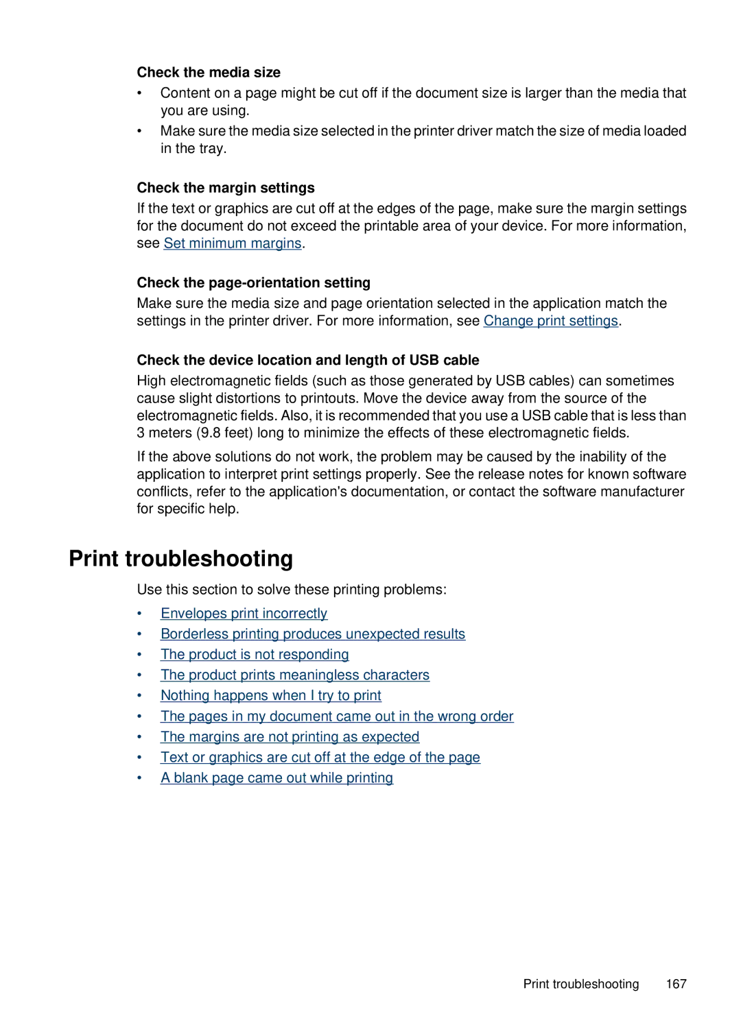 HP 6500, E709 manual Print troubleshooting, Check the media size, Check the page-orientation setting 