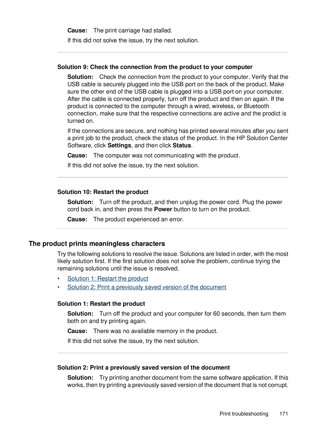 HP 6500, E709 manual Product prints meaningless characters, Solution 10 Restart the product, Solution 1 Restart the product 