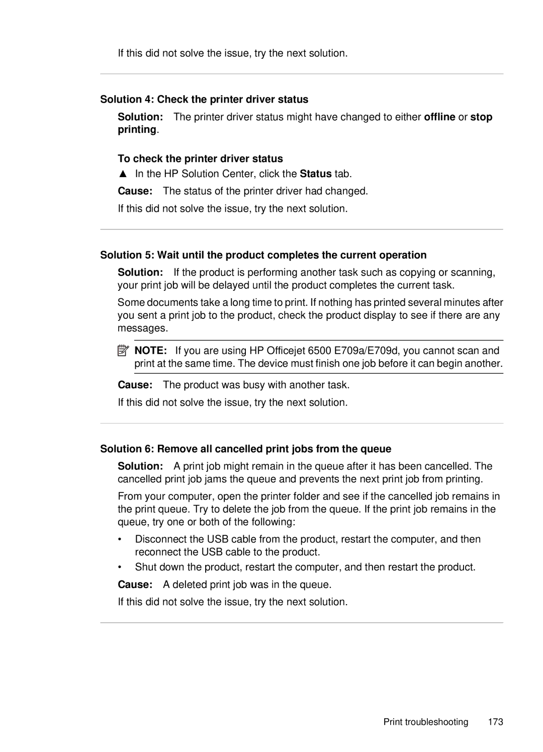 HP 6500, E709 manual Print troubleshooting 173 