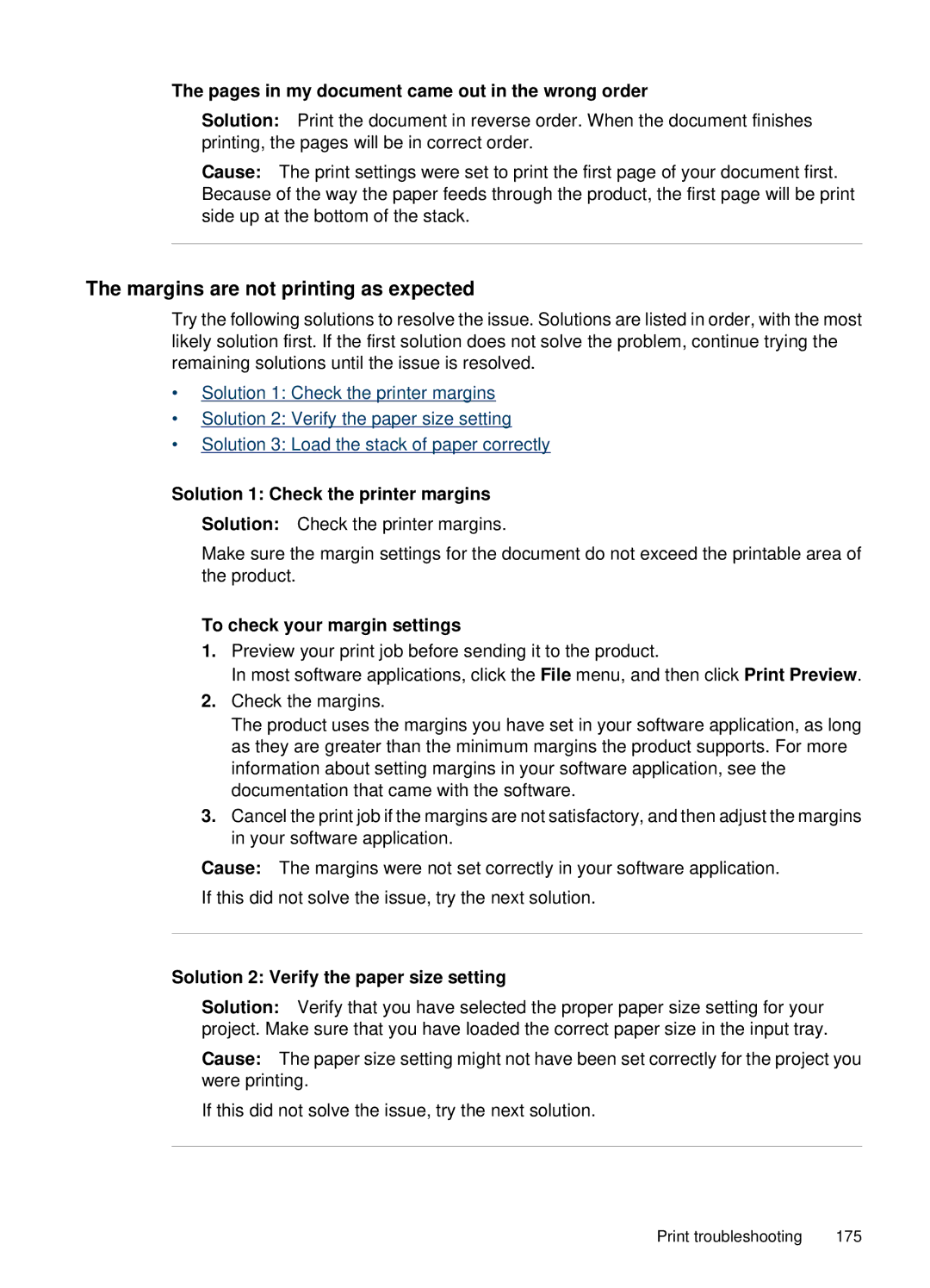 HP 6500, E709 manual Margins are not printing as expected, Pages in my document came out in the wrong order 