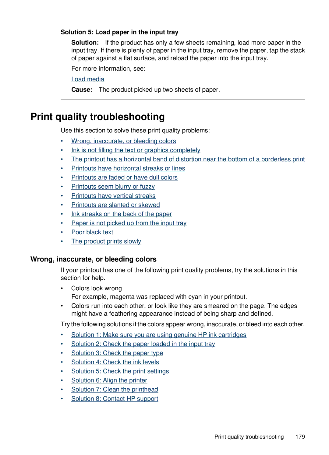 HP 6500 Print quality troubleshooting, Wrong, inaccurate, or bleeding colors, Solution 5 Load paper in the input tray 