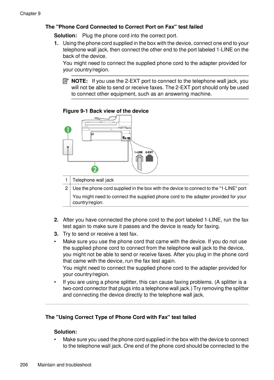 HP E709, 6500 manual Phone Cord Connected to Correct Port on Fax test failed, Back view of the device 