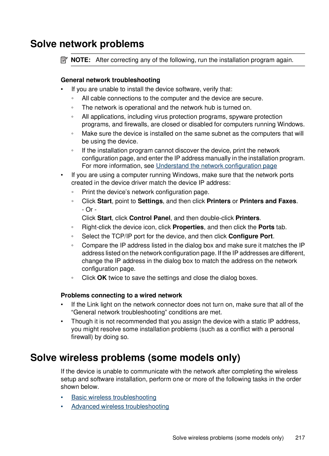 HP 6500, E709 manual Solve network problems, Solve wireless problems some models only, General network troubleshooting 