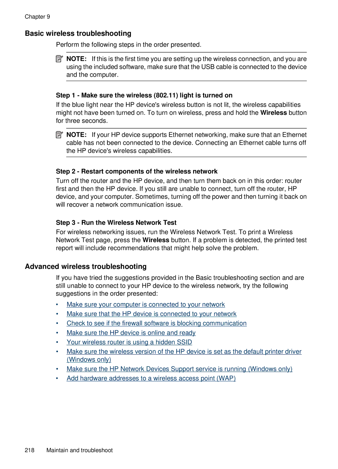 HP E709 Basic wireless troubleshooting, Advanced wireless troubleshooting, Restart components of the wireless network 