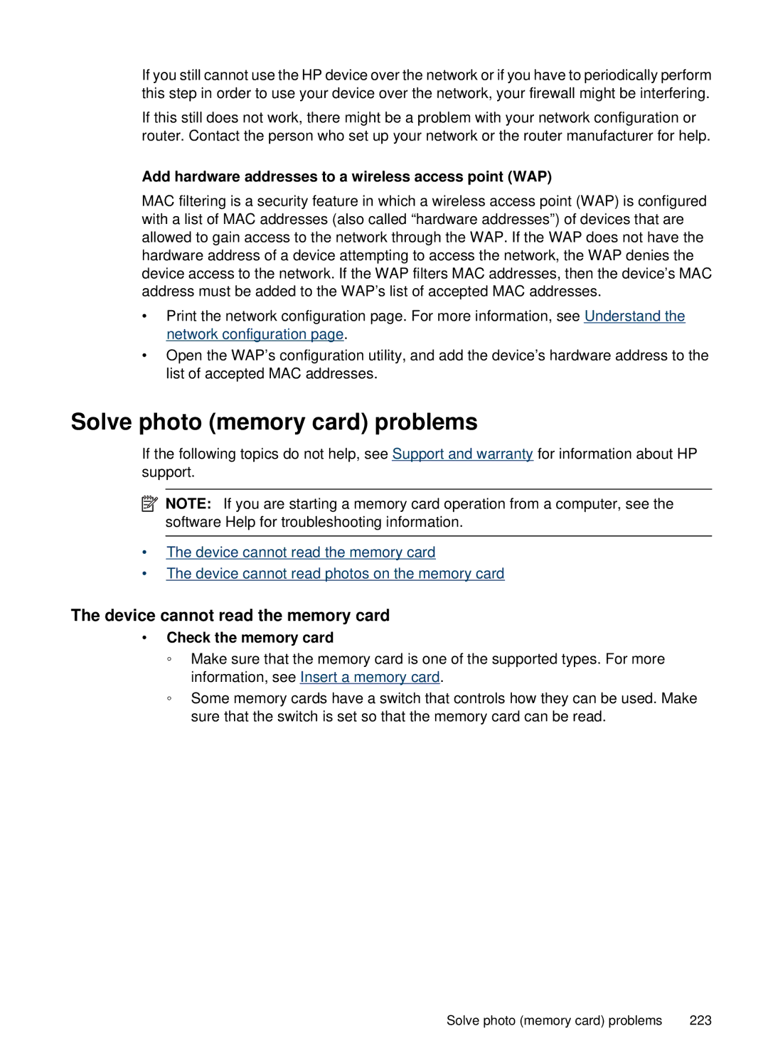 HP 6500, E709 manual Solve photo memory card problems, Device cannot read the memory card, Check the memory card 