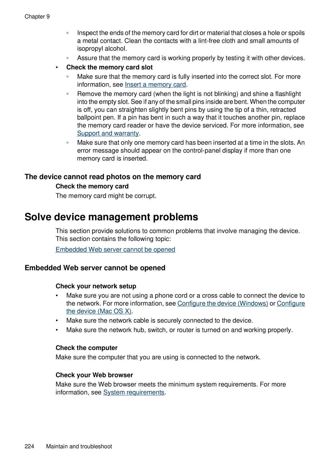 HP E709, 6500 manual Solve device management problems, Device cannot read photos on the memory card 