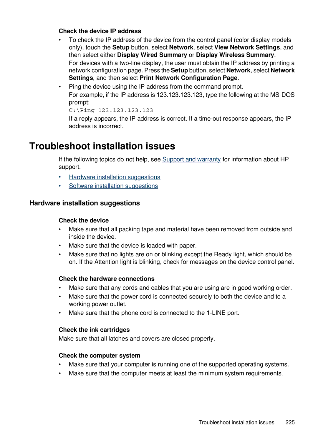 HP 6500, E709 manual Troubleshoot installation issues, Hardware installation suggestions, Check the device IP address 