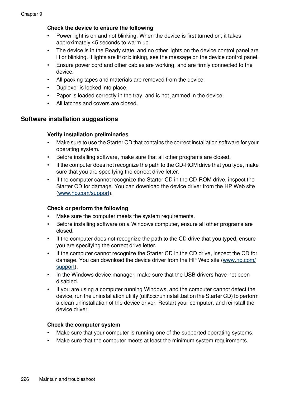 HP E709 Software installation suggestions, Check the device to ensure the following, Verify installation preliminaries 