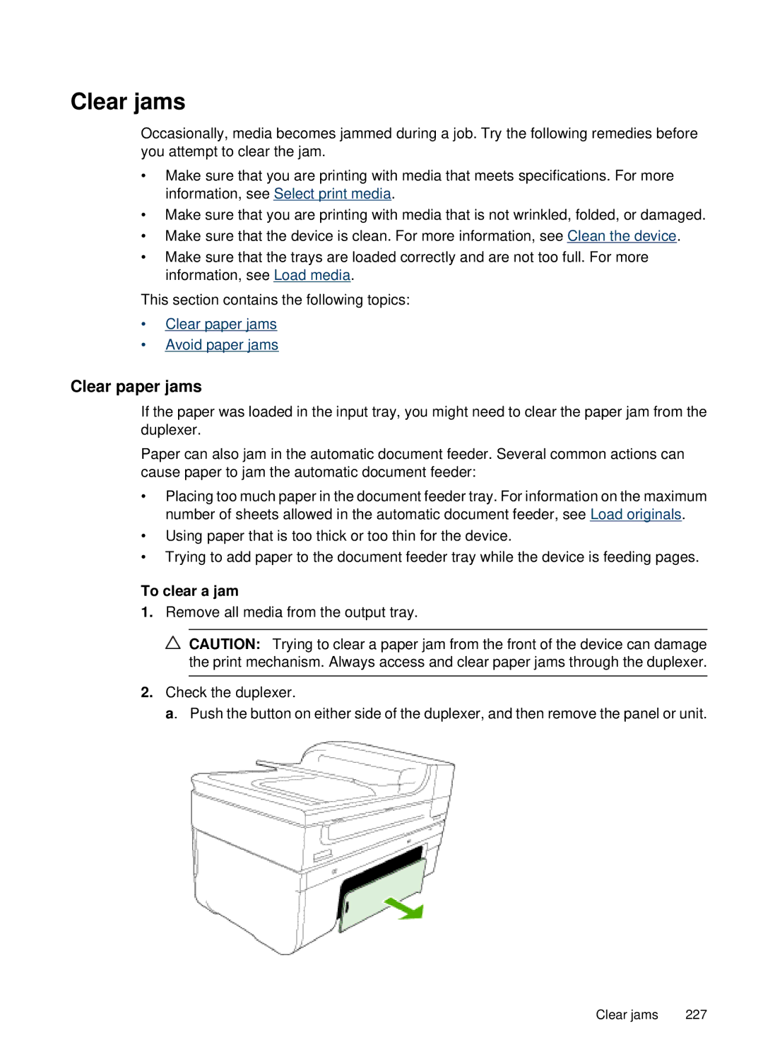 HP 6500, E709 manual Clear jams, Clear paper jams, To clear a jam 