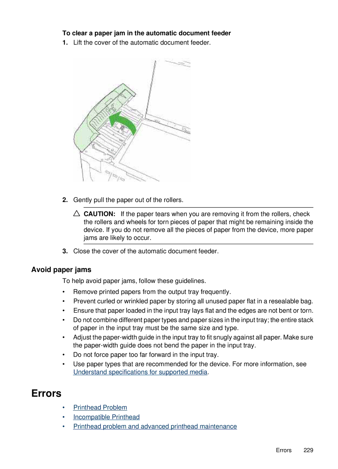 HP 6500, E709 manual Errors, Avoid paper jams, To clear a paper jam in the automatic document feeder 