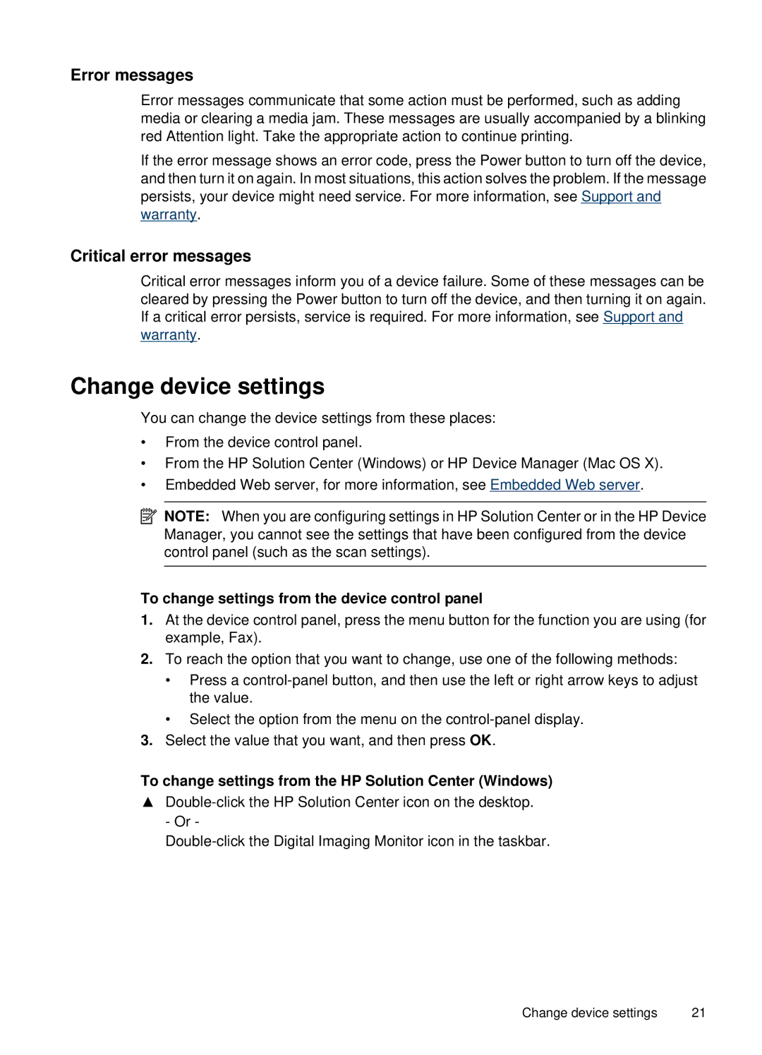 HP 6500 Change device settings, Error messages, Critical error messages, To change settings from the device control panel 