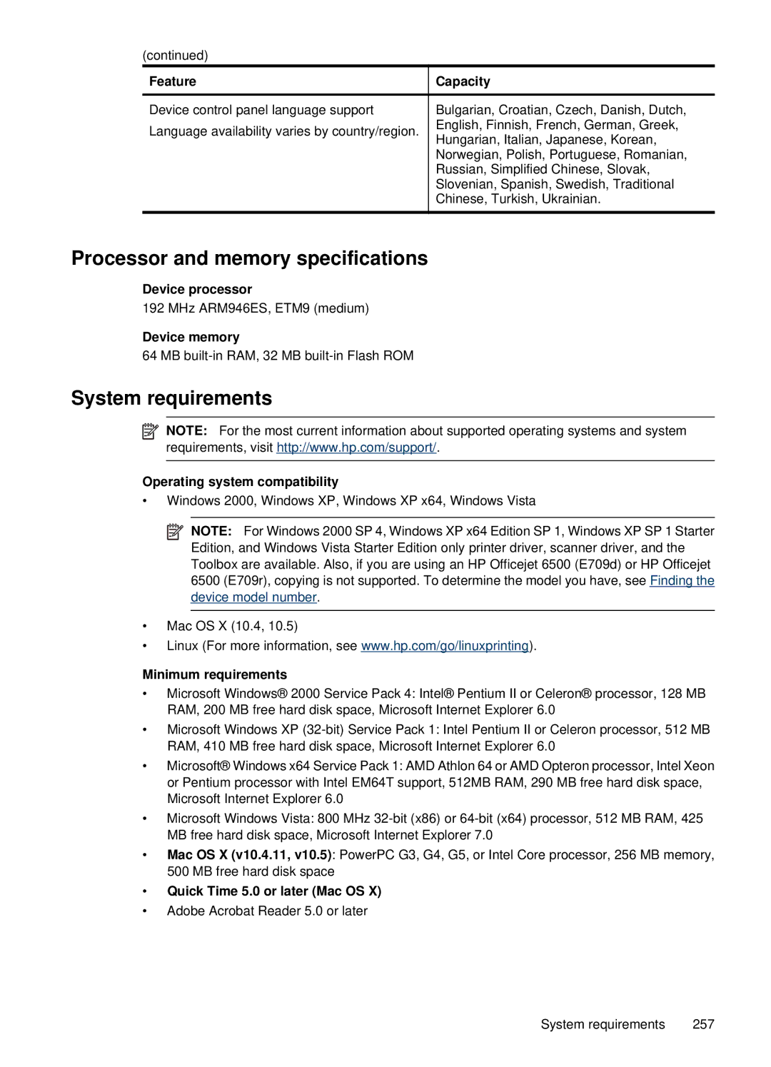 HP 6500, E709 manual Processor and memory specifications, System requirements 