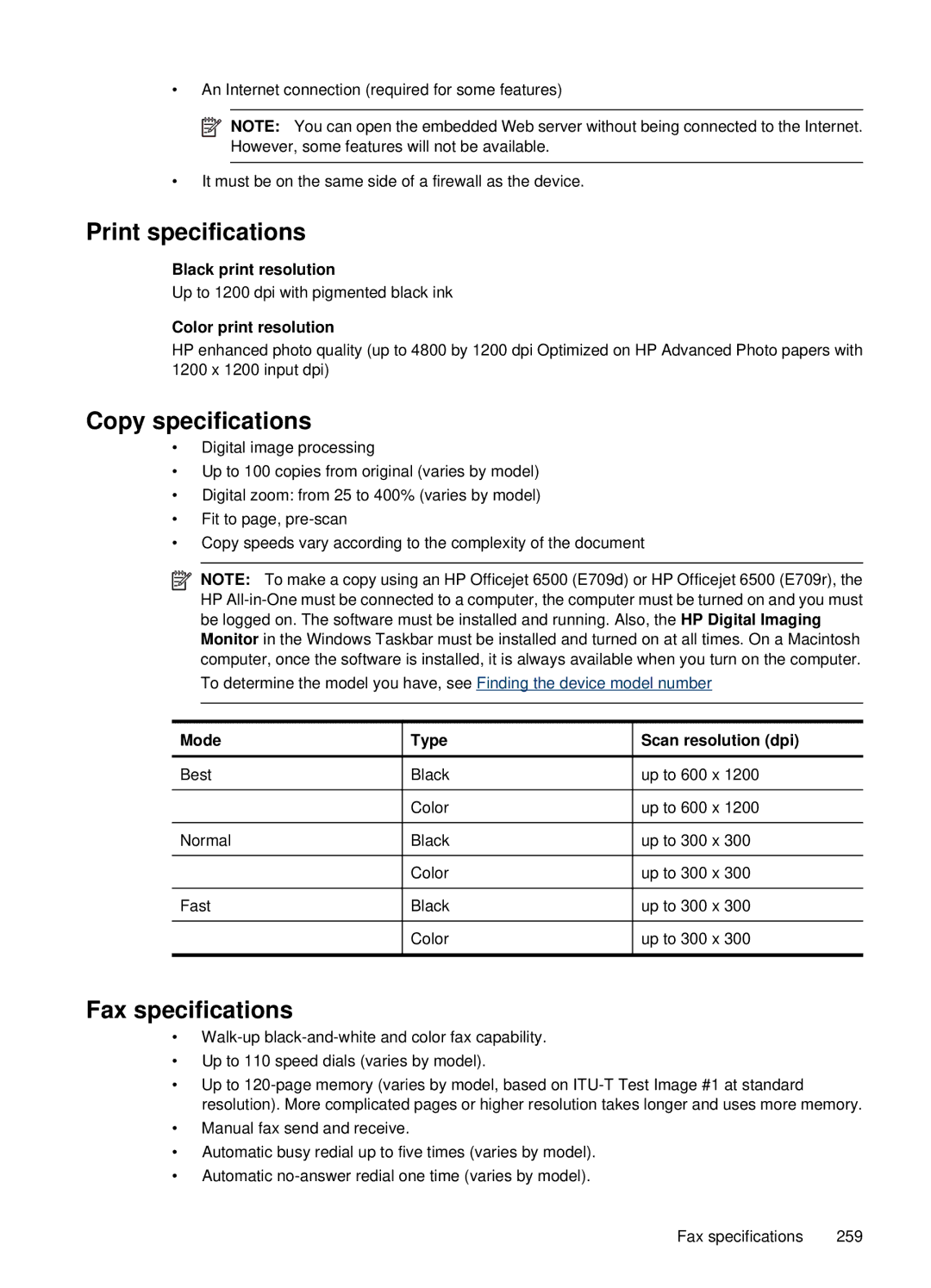 HP 6500, E709 manual Print specifications, Copy specifications, Fax specifications 