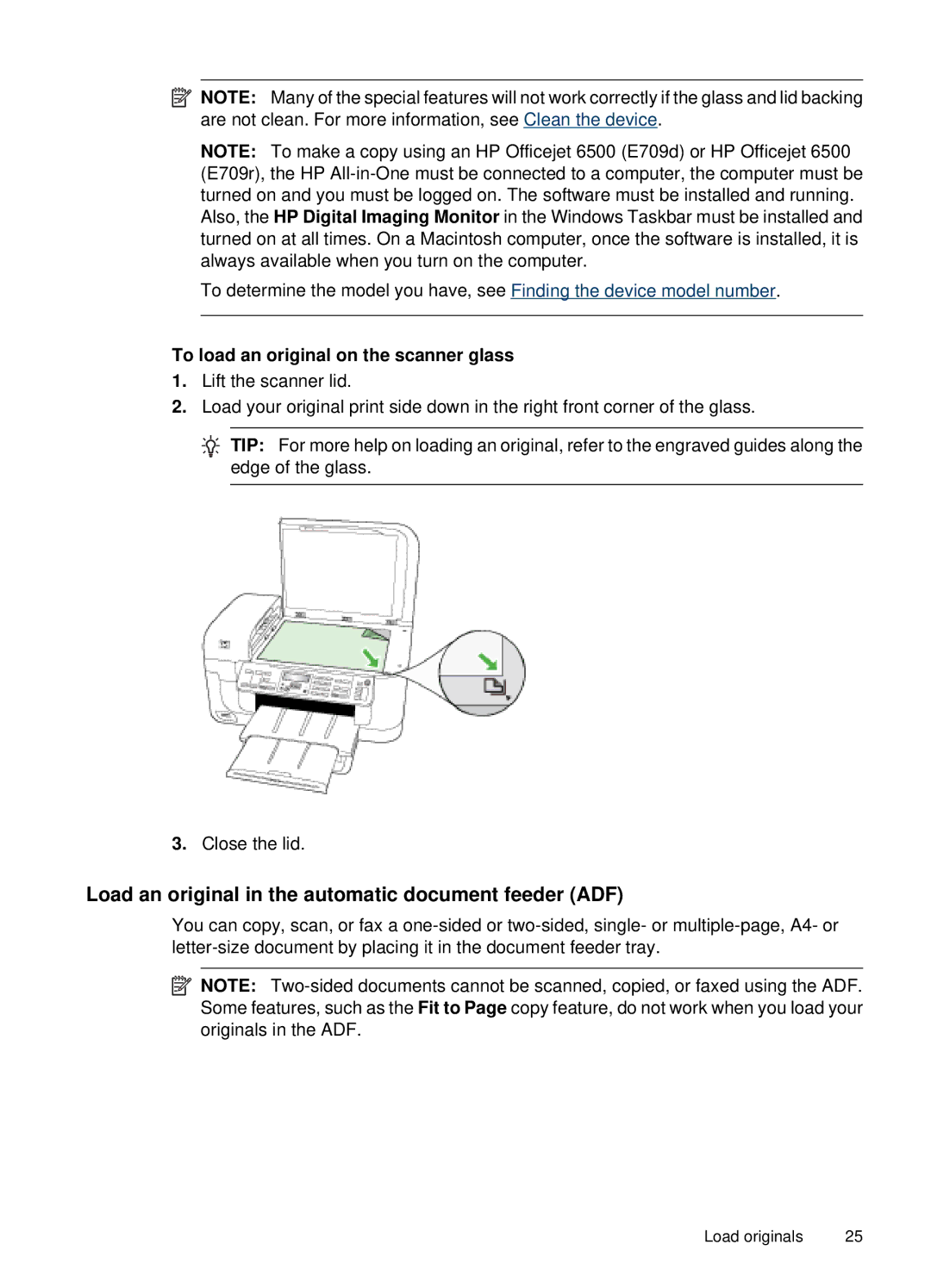 HP 6500, E709 manual Load an original in the automatic document feeder ADF, To load an original on the scanner glass 