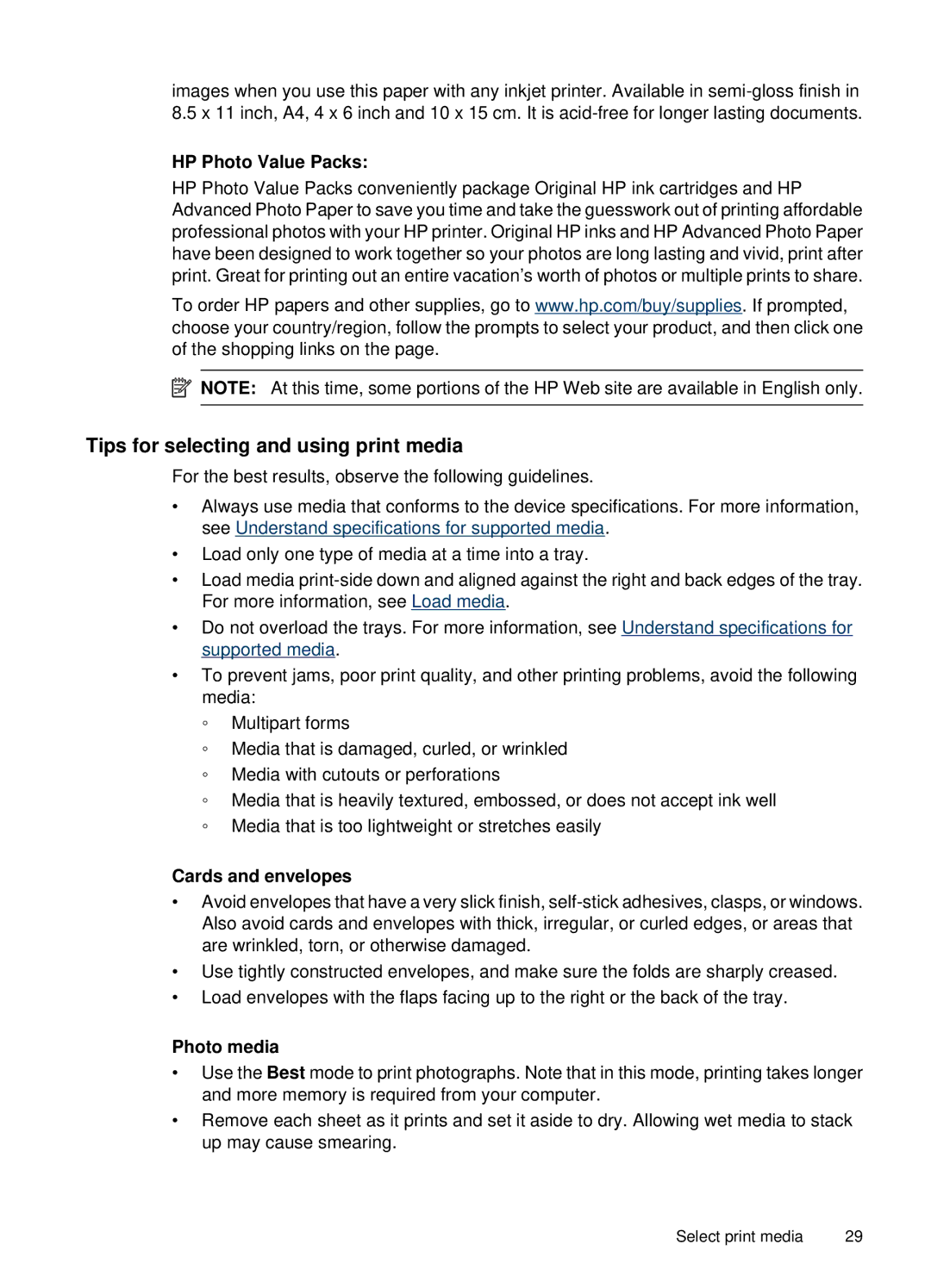 HP 6500, E709 manual Tips for selecting and using print media, Cards and envelopes, Photo media 