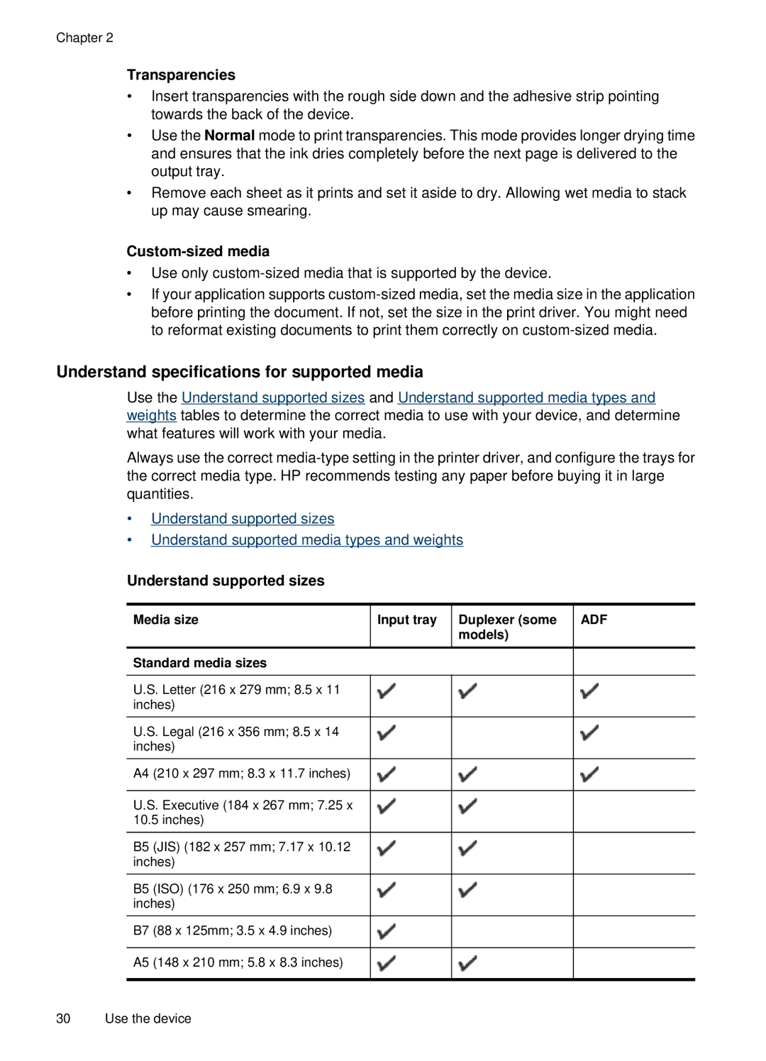 HP E709 Understand specifications for supported media, Transparencies, Custom-sized media, Understand supported sizes 