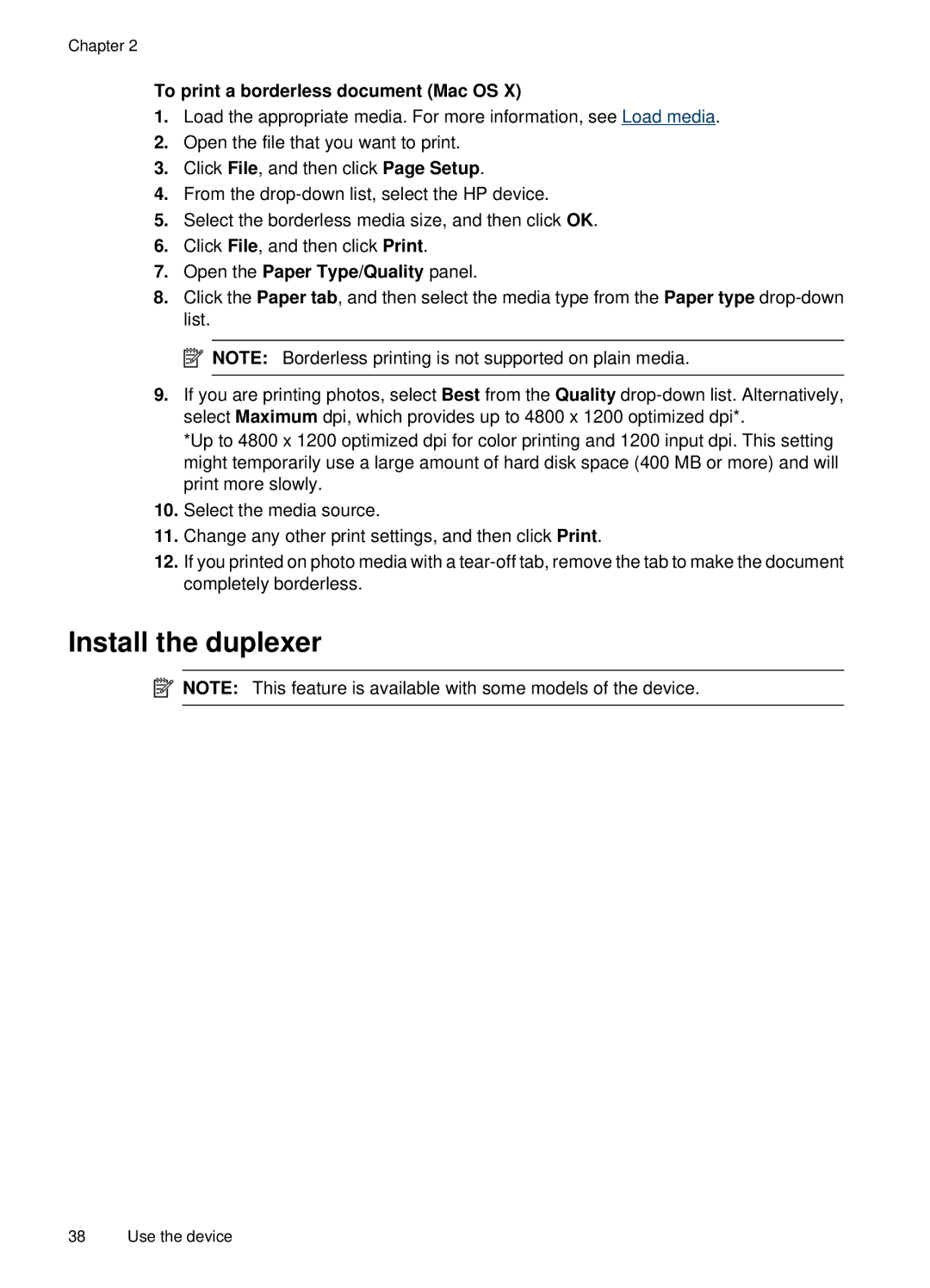 HP E709, 6500 manual Install the duplexer, To print a borderless document Mac OS, Open the Paper Type/Quality panel 