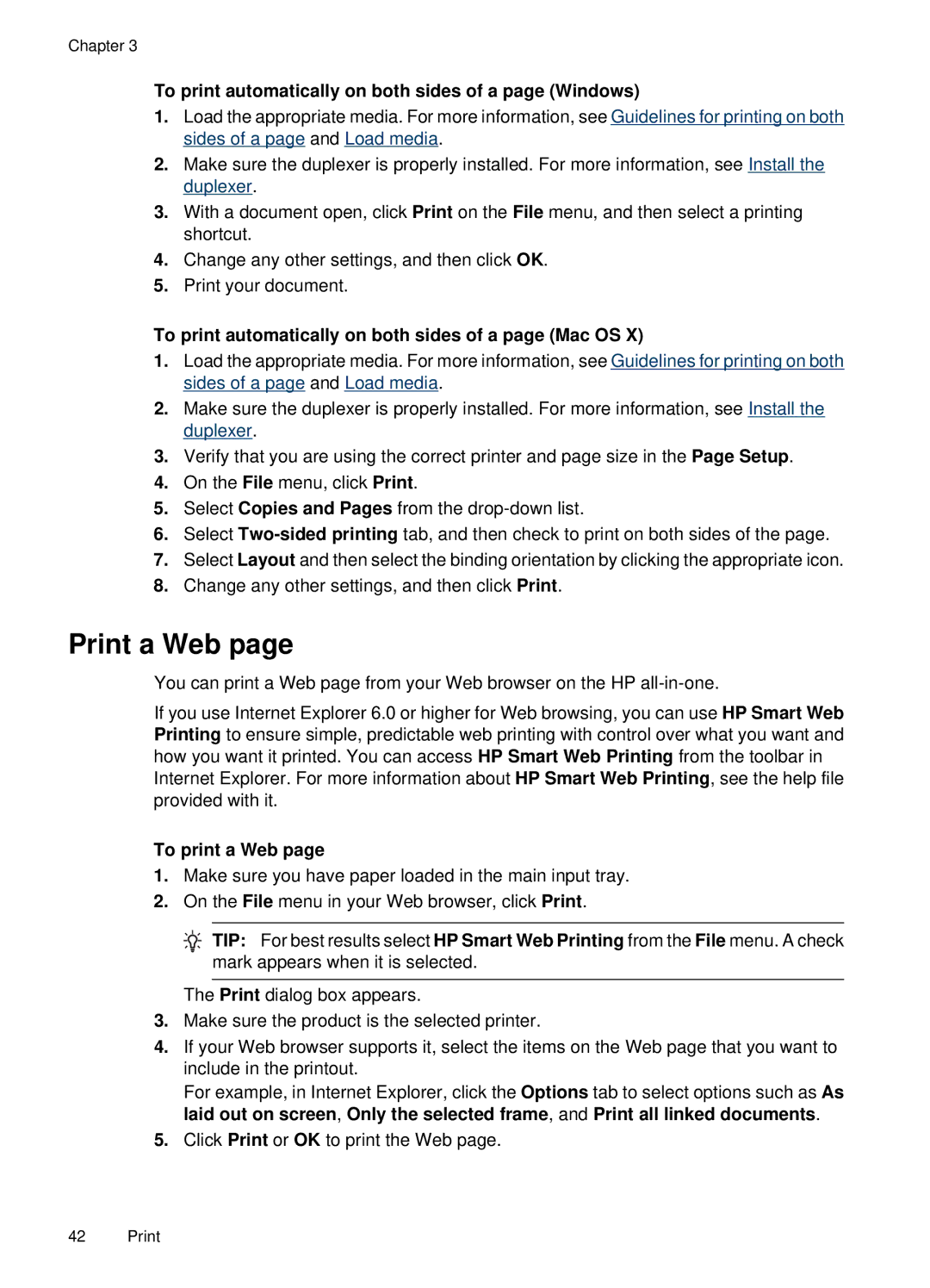 HP E709, 6500 manual Print a Web, To print automatically on both sides of a page Windows, To print a Web 