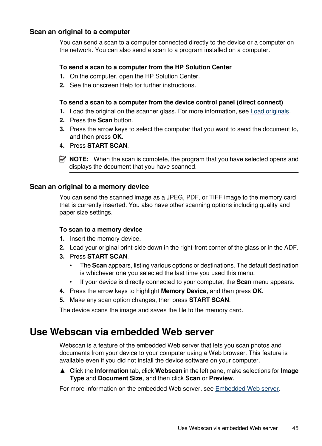 HP 6500, E709 Use Webscan via embedded Web server, Scan an original to a computer, Scan an original to a memory device 