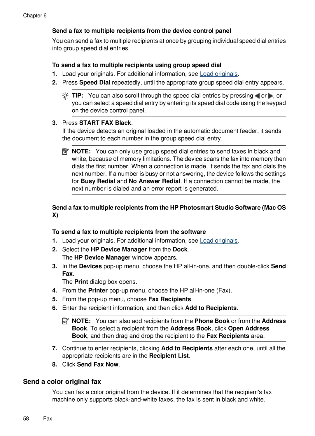 HP E709, 6500 Send a color original fax, To send a fax to multiple recipients using group speed dial, Click Send Fax Now 