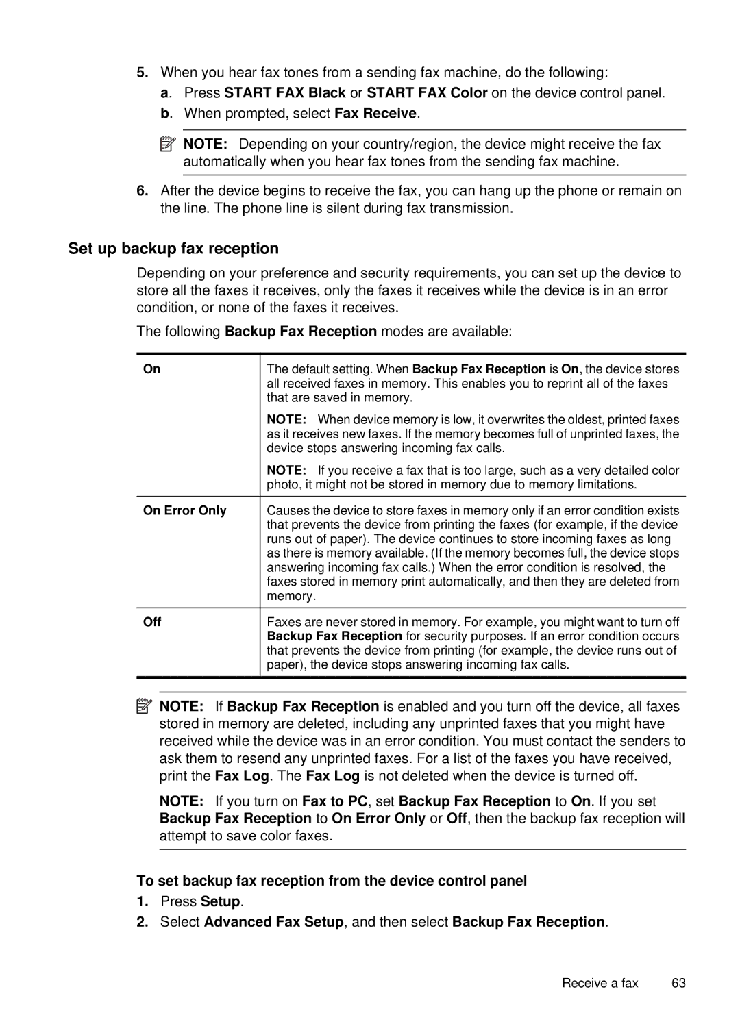 HP 6500, E709 Set up backup fax reception, To set backup fax reception from the device control panel, On Error Only Off 