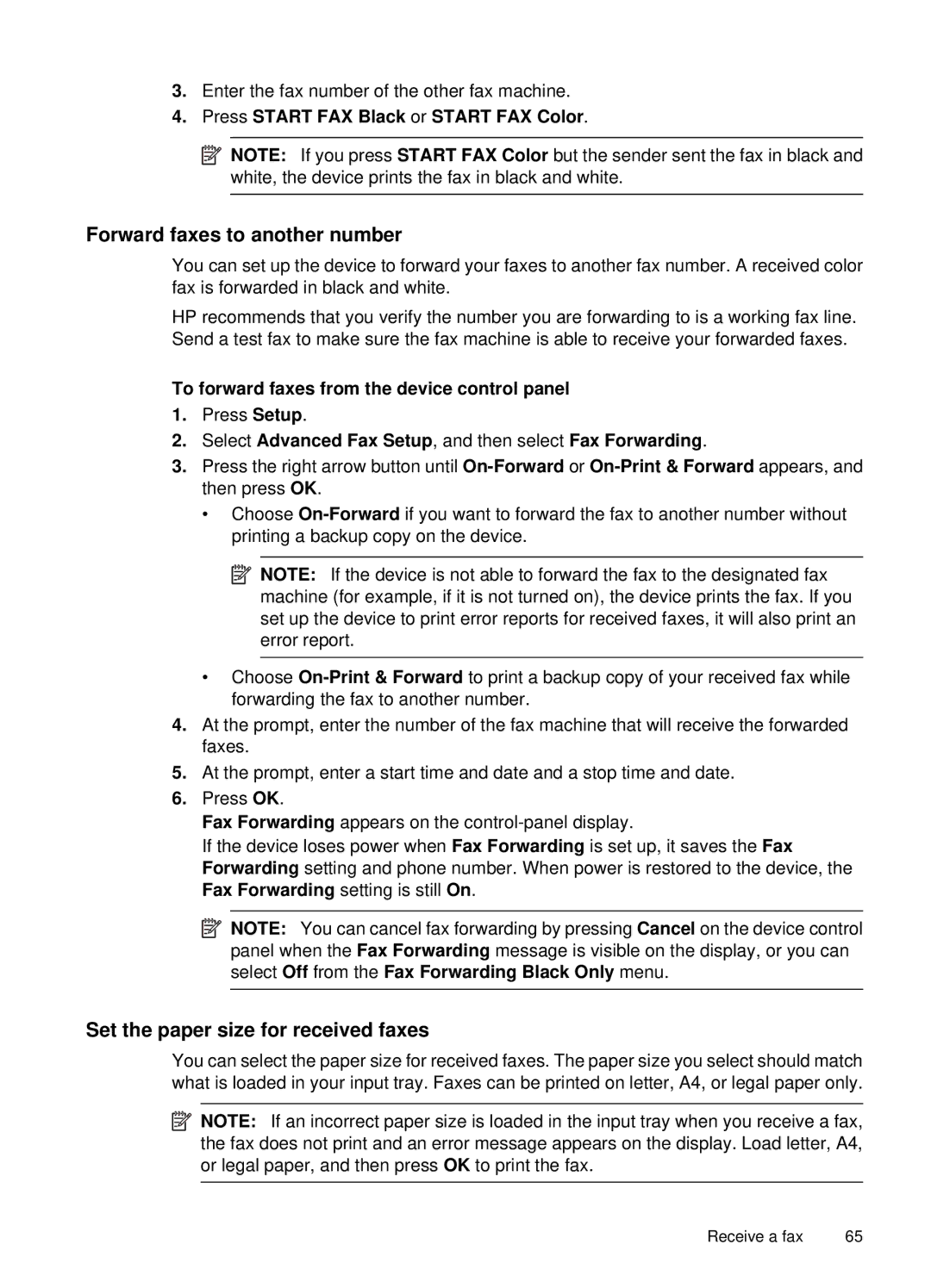 HP 6500, E709 manual Forward faxes to another number, Set the paper size for received faxes 