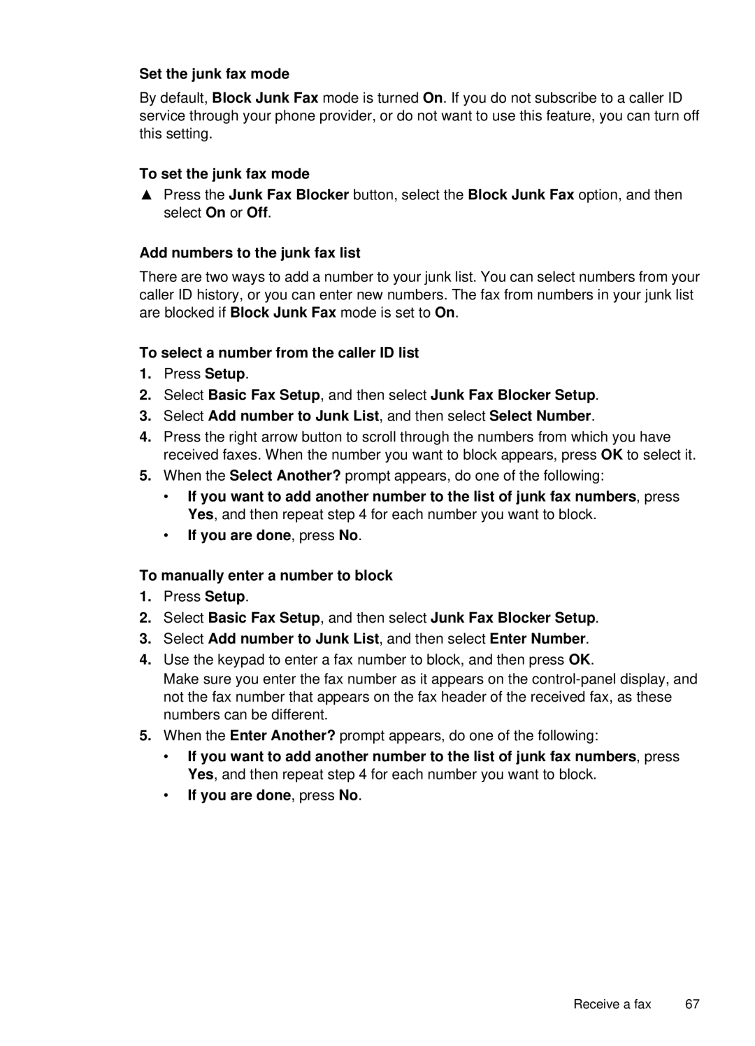 HP 6500, E709 manual Set the junk fax mode, To set the junk fax mode, Add numbers to the junk fax list 