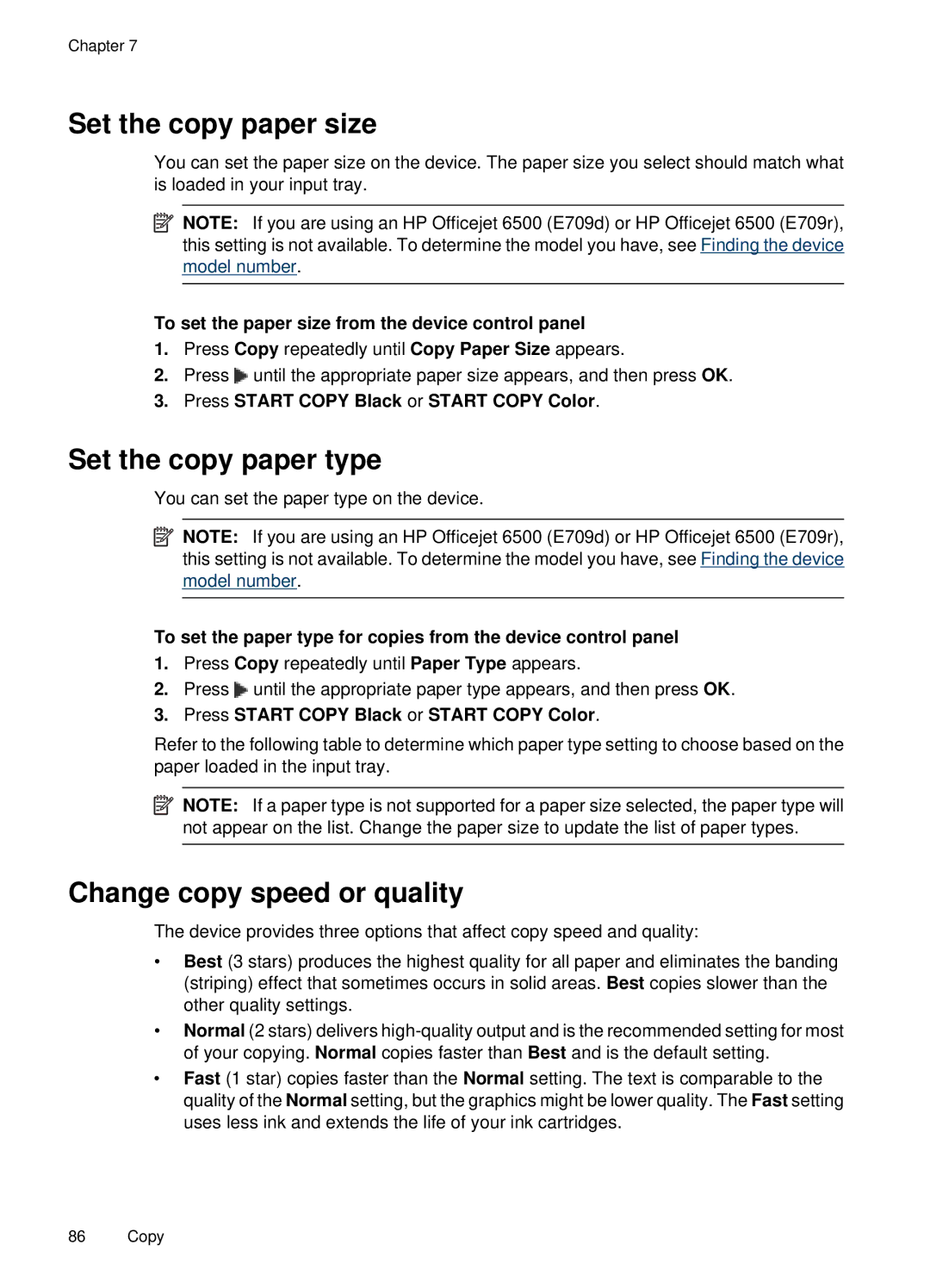 HP E709, 6500 manual Set the copy paper size, Set the copy paper type, Change copy speed or quality 