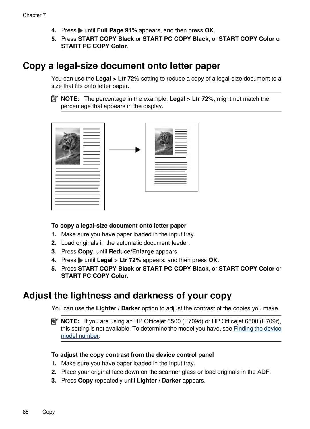 HP E709, 6500 manual Copy a legal-size document onto letter paper, Adjust the lightness and darkness of your copy 