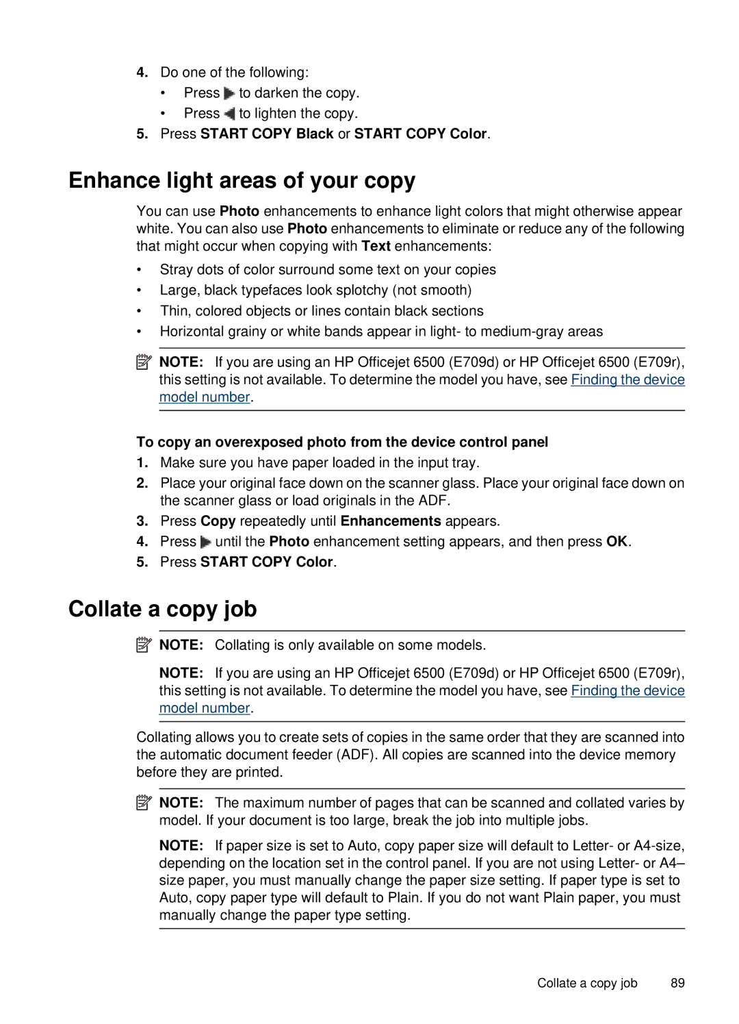 HP 6500 Enhance light areas of your copy, Collate a copy job, To copy an overexposed photo from the device control panel 