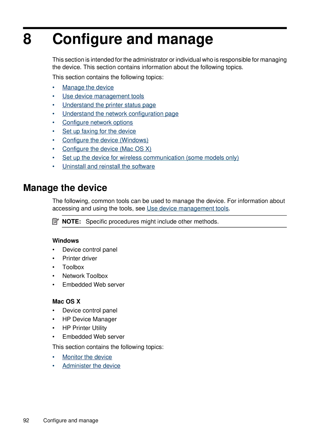 HP E709, 6500 manual Manage the device, Windows, Mac OS 