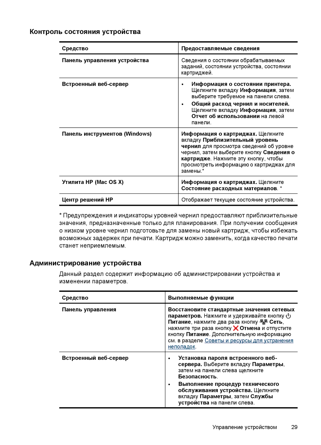 HP E809 manual Контроль состояния устройства, Администрирование устройства, Информация о состоянии принтера 