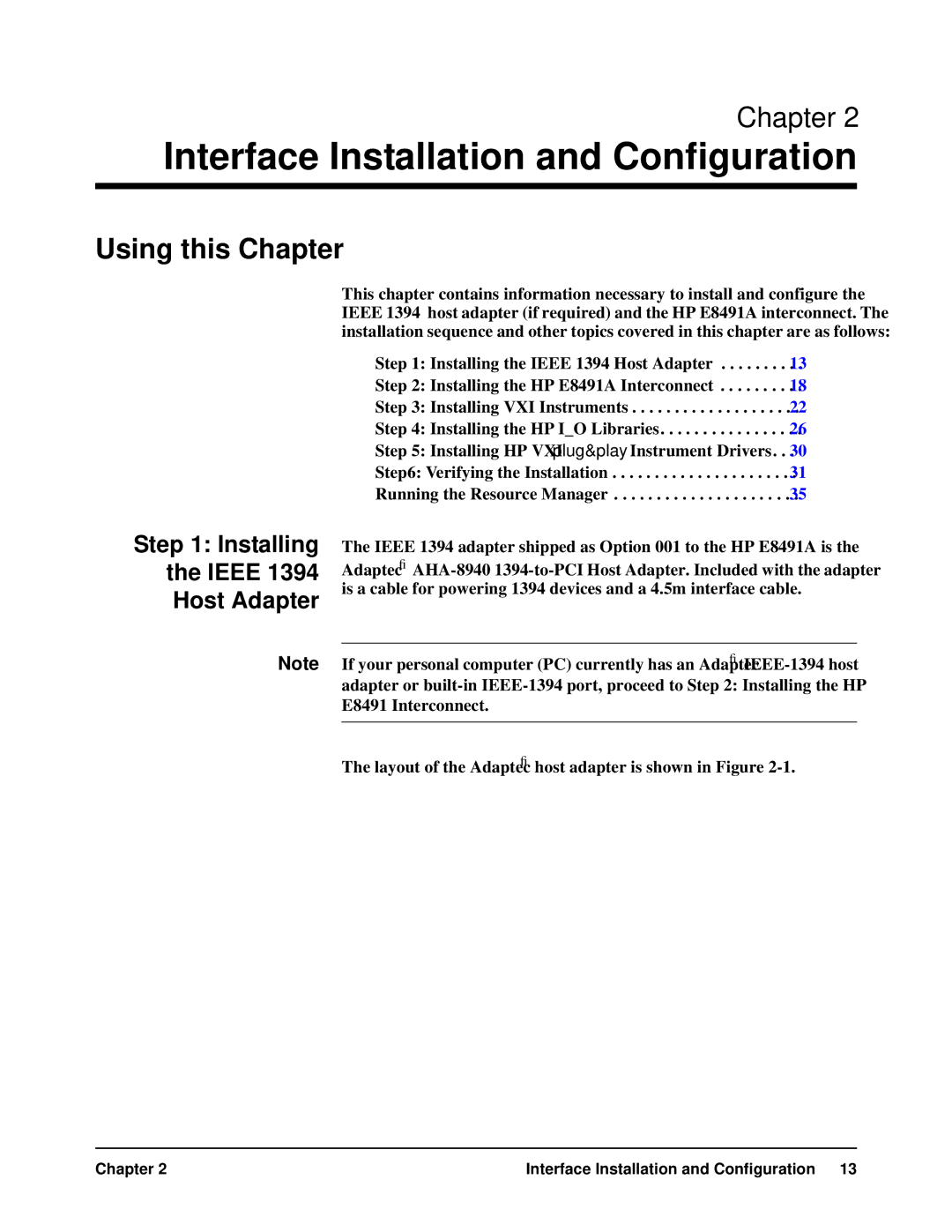 HP E8491A manual Interface Installation and Configuration, Installing Ieee Host Adapter 