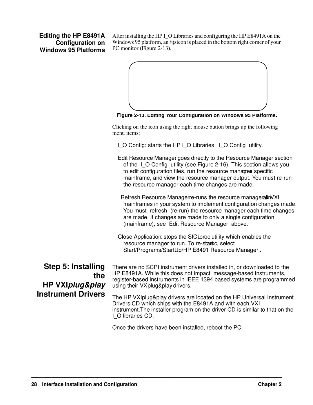 HP manual Installing, Instrument Drivers, Editing the HP E8491A Configuration on Windows 95 Platforms 