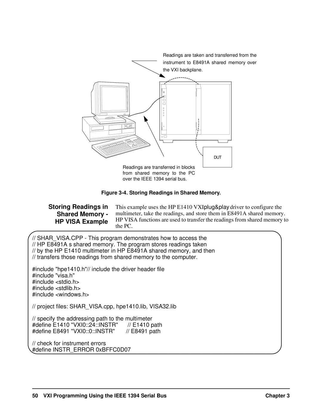 HP E8491A manual Storing Readings Shared Memory HP Visa Example, #define E8491 VXI00INSTR 